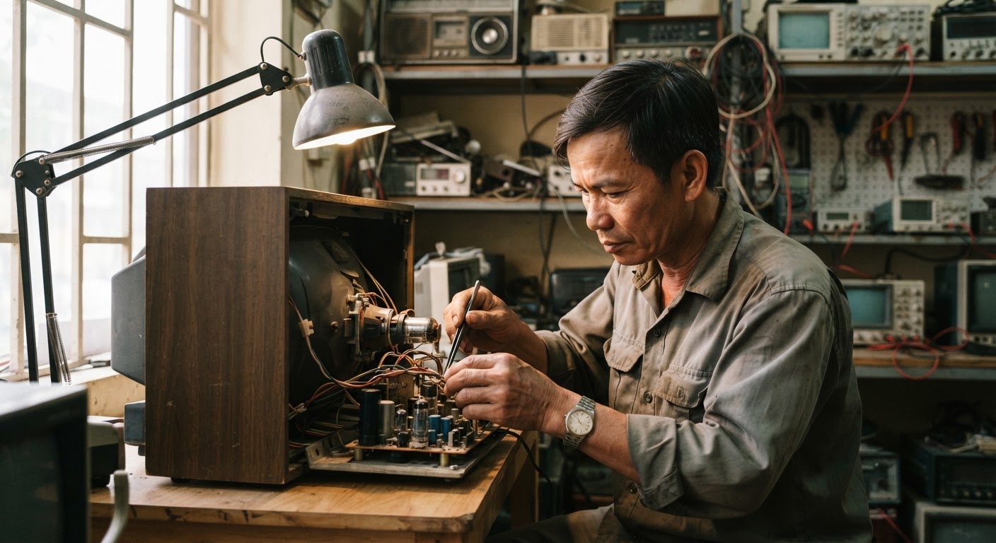 Thợ sửa chữa tỉ mỉ kiểm tra một chiếc tivi cũ.