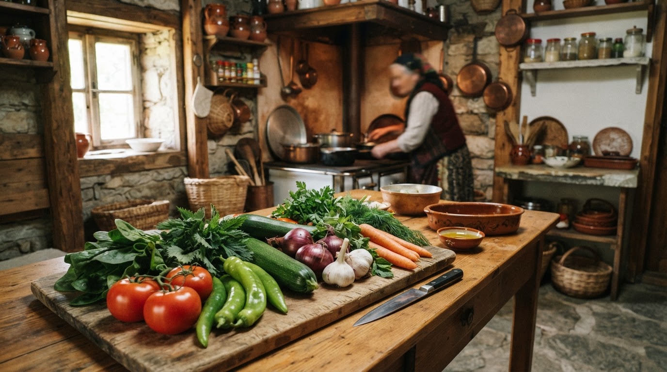 Një kuzhinë e ngrohtë në një fshat malor shqiptar, e mbushur me perime të freskëta të vendosura në një dërrasë druri.