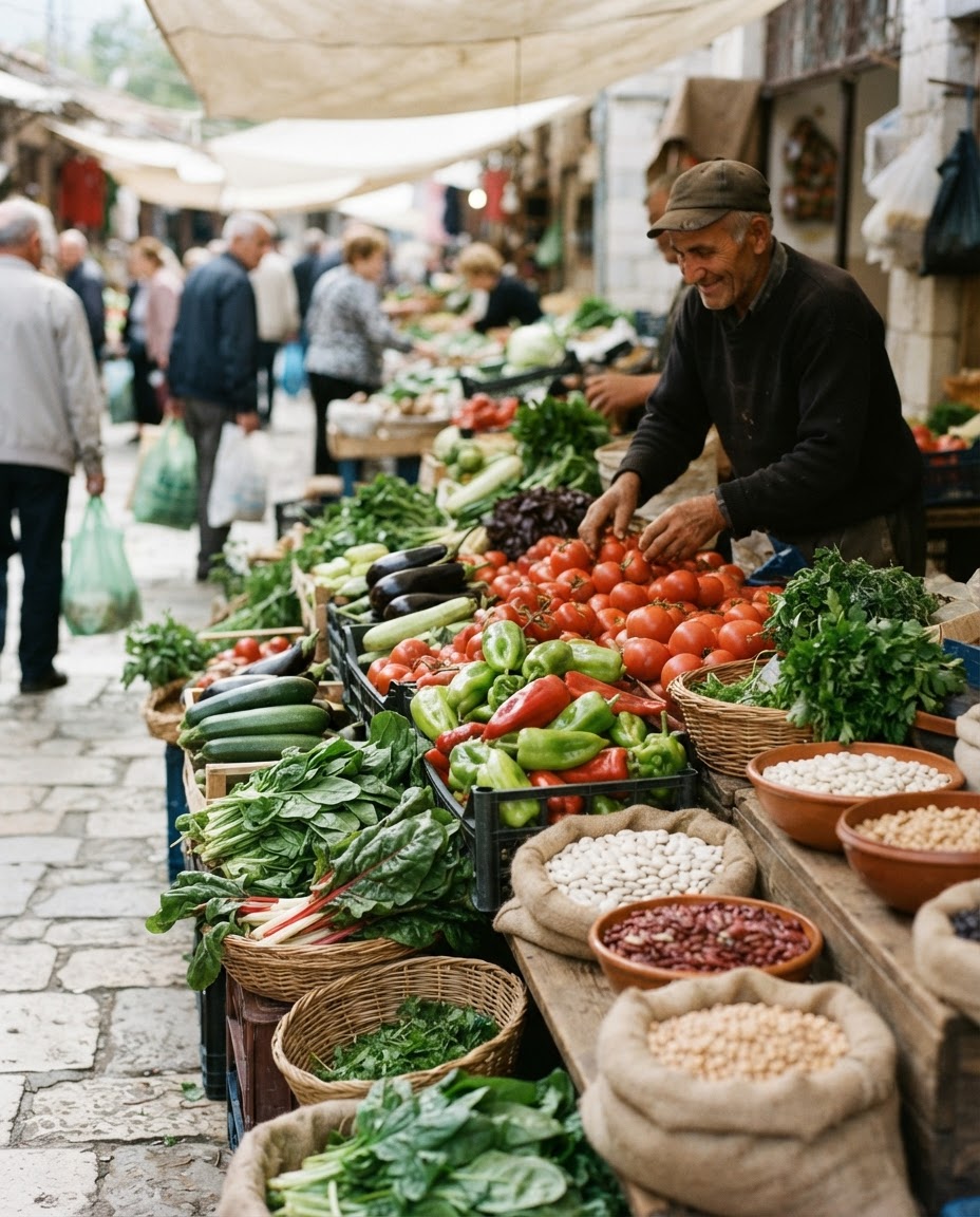 Tregu i mbushur me ngjyra dhe aroma, me produkte vendase të freskëta, thelbësore për gatimin vegan.