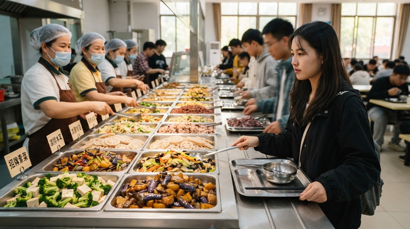 大学食堂的餐饮服务线,提供多样化的食物选择。
