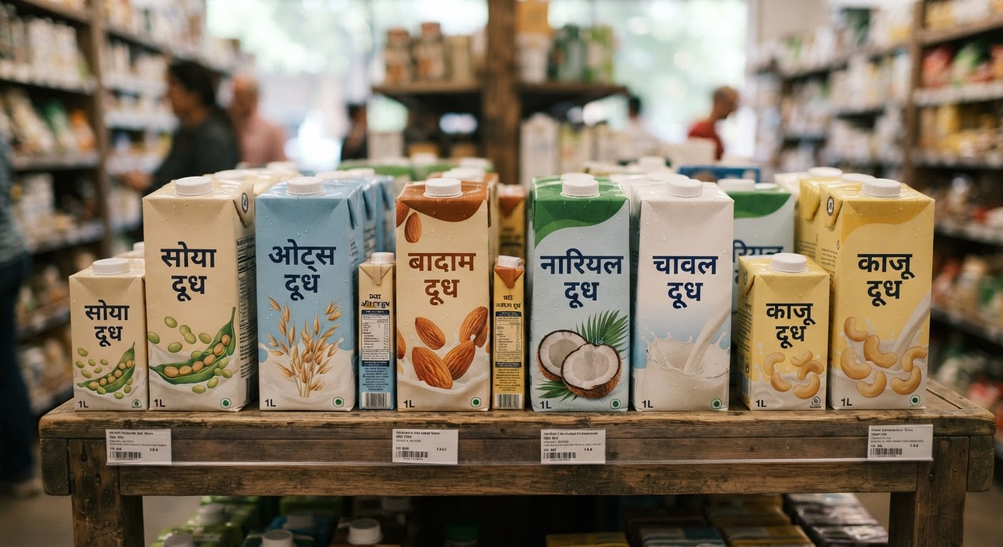 विभिन्न प्रकार के पौधों पर आधारित दूध के डिब्बे।