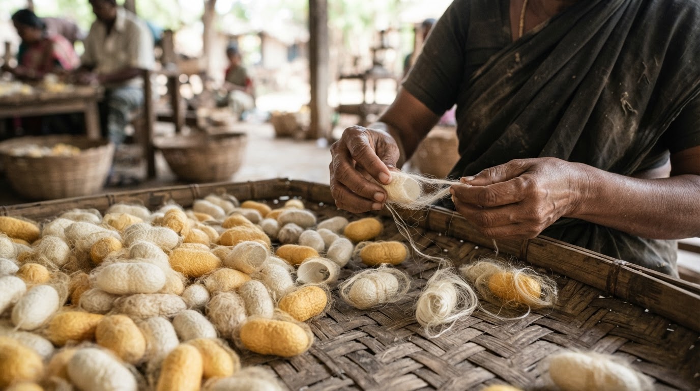 Close-up of silkworm cocoons on a tray, some appear to be partially unwound.