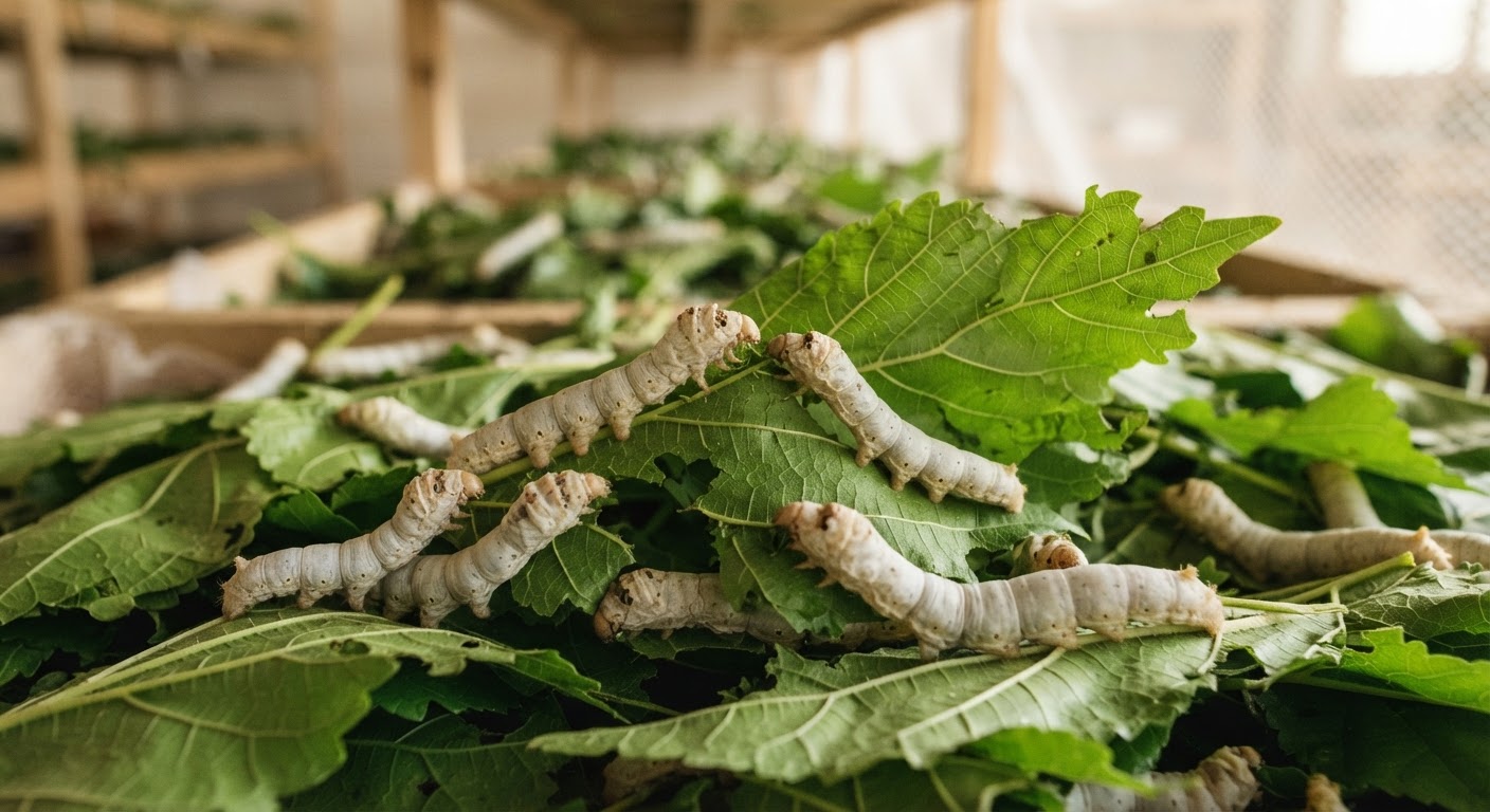 Silkworms feeding on mulberry leaves, their primary food source during their larval stage.