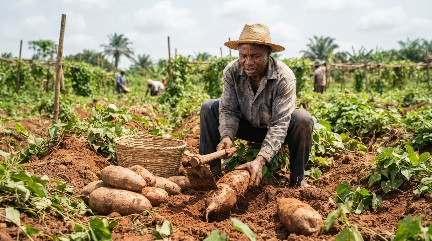 Àgbẹ̀ Nàìjíríà tó ń kórè isu, ọ̀kan nínú àwọn ohun ọ̀gbìn tó ṣe pàtàkì fún oúnjẹ ènìyàn.