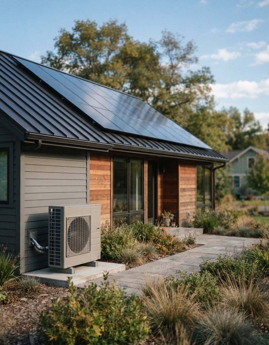 Exterior of a modern home featuring solar panels on the roof and a sleek outdoor heat pump unit mounted on the wall.