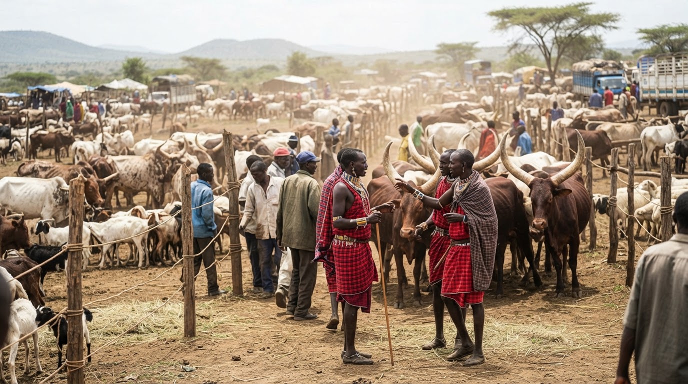 Soko la mifugo katika Afrika Mashariki, lenye shughuli nyingi na wachuuzi na wanunuzi.
