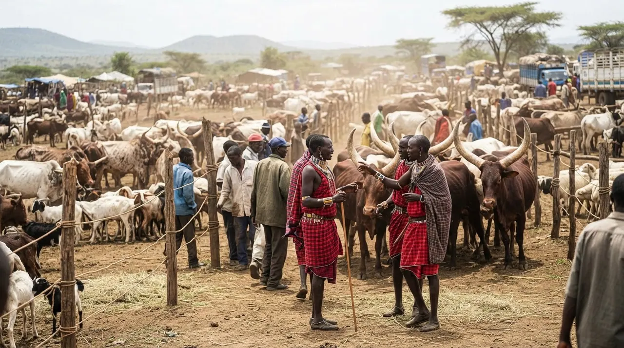 Soko la mifugo katika Afrika Mashariki, lenye shughuli nyingi na wachuuzi na wanunuzi.