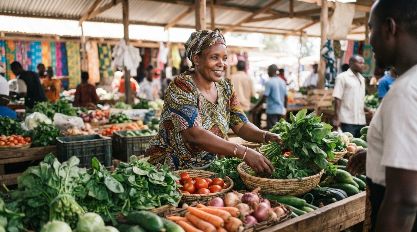 Mwanamke akiuza mboga kwenye soko la ndani, akionyesha umuhimu wa kilimo cha mimea katika uchumi wa jamii.