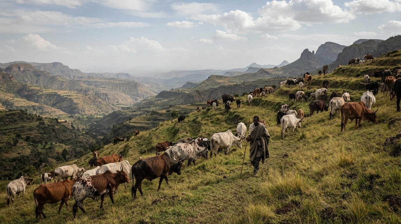 በኢትዮጵያ ተራራማ አካባቢ የሚገኙ የከብት መንጋዎች