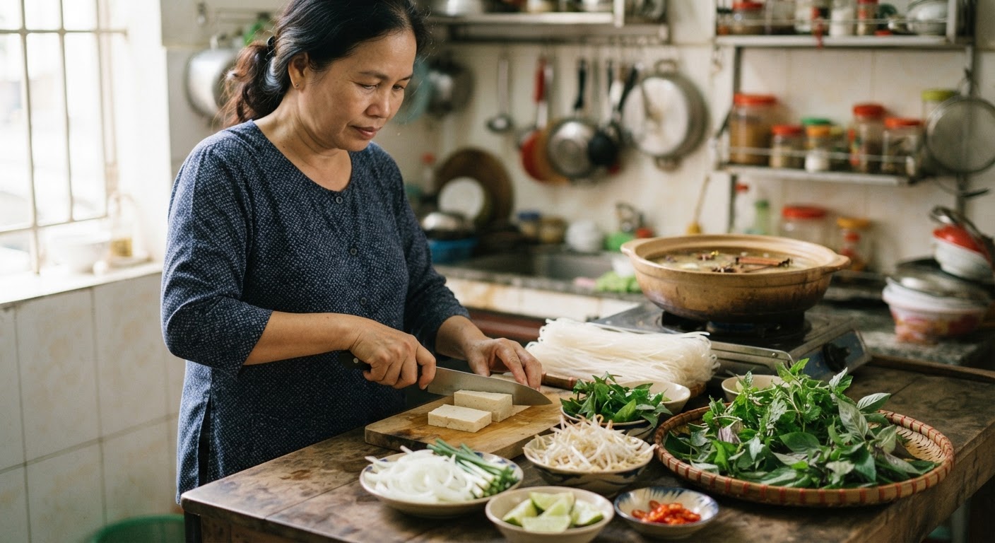 Người phụ nữ Việt Nam đang chuẩn bị nguyên liệu cho món phở chay