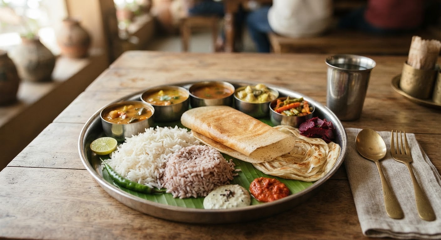 தென்னிந்திய சைவ தாலி, ஆரோக்கியமான மற்றும் சுவையான மாற்று உணவுகளைக் காட்டுகிறது.