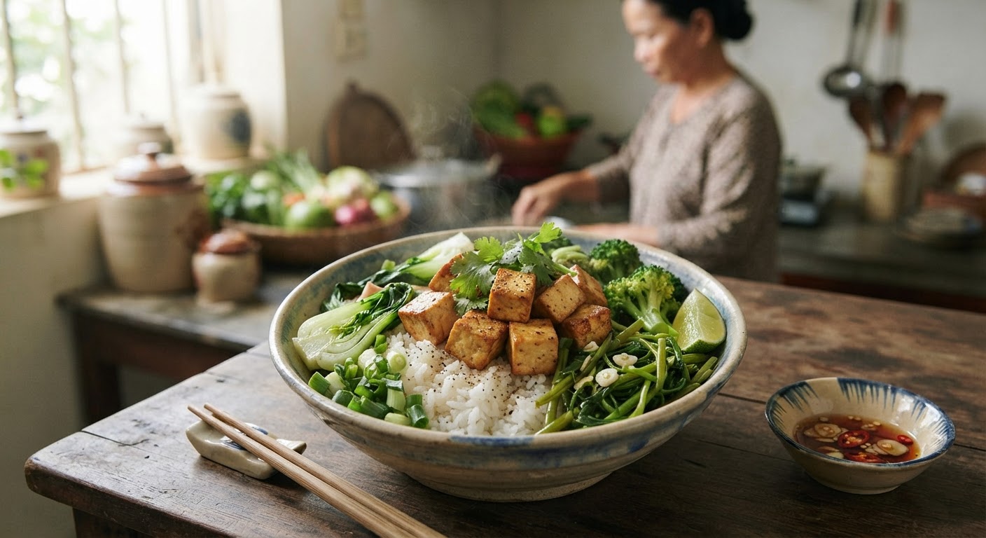 Một bữa cơm chay đầy đủ dinh dưỡng với cơm, đậu hũ và rau xanh là lựa chọn tốt.