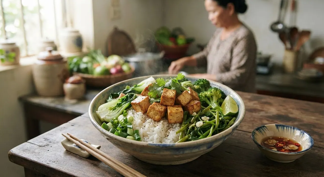 Một bữa cơm chay đầy đủ dinh dưỡng với cơm, đậu hũ và rau xanh là lựa chọn tốt.