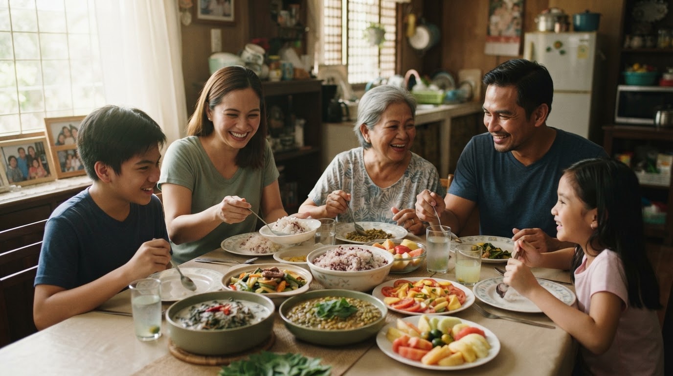 Isang pamilyang Pilipino na nagsasalo-salo sa pananghalian na may iba't ibang putahe.