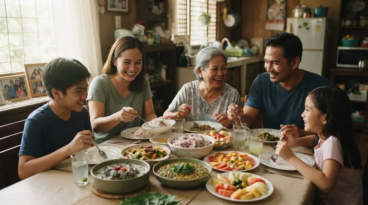 Isang pamilyang Pilipino na nagsasalo-salo sa pananghalian na may iba't ibang putahe.