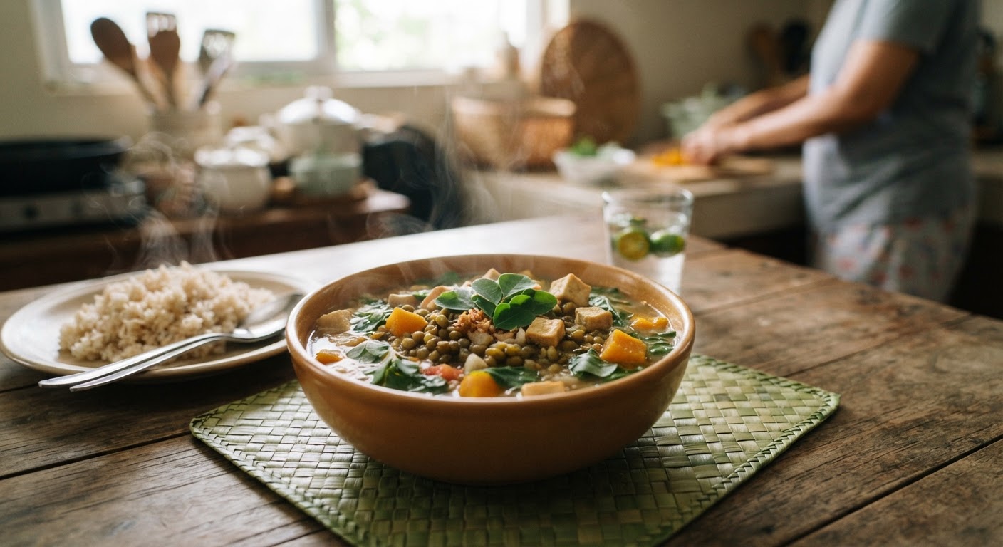 Ginisang munggo na may malunggay at kalabasa, isang masustansyang pananghalian.