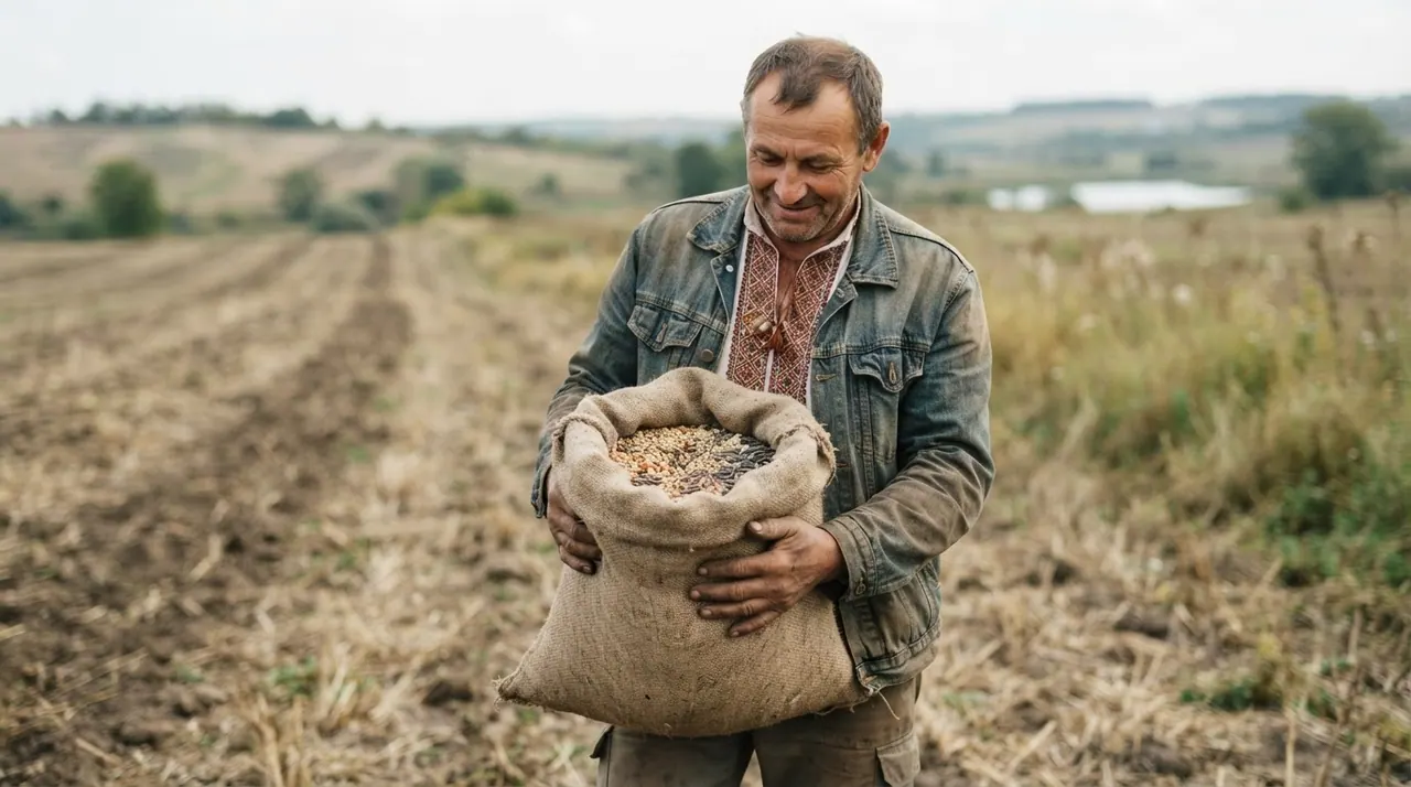 Український фермер тримає мішок із насінням