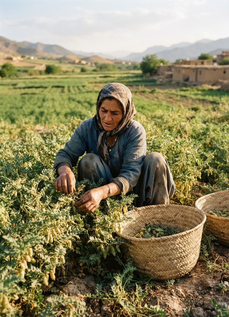 زنی در حال برداشت حبوبات در ایران، نمادی از اهمیت کشاورزی سنتی و پایدار.