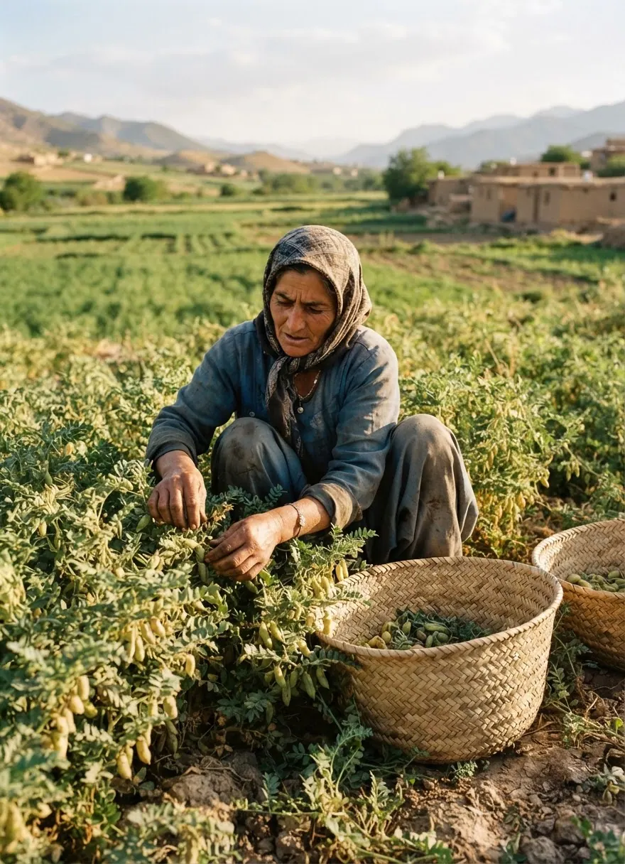 زنی در حال برداشت حبوبات در ایران، نمادی از اهمیت کشاورزی سنتی و پایدار.