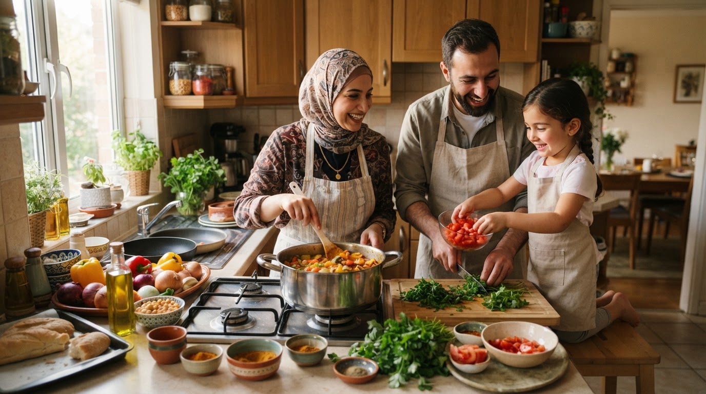 عائلة شرق أوسطية تطبخ معًا في المطبخ