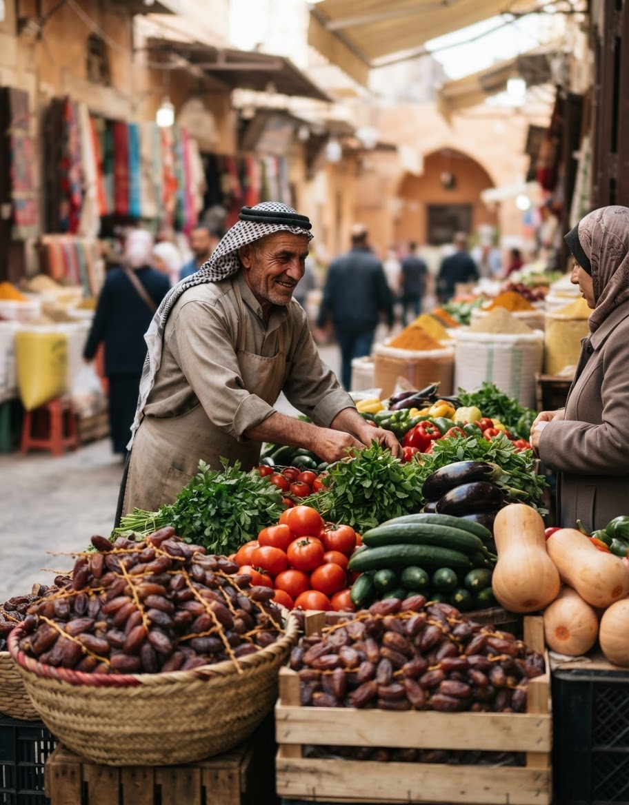 أسواق المنطقة تزخر بالخضروات الطازجة والتمر، وهي مكونات مثالية لوجبات صحية ومتنوعة.