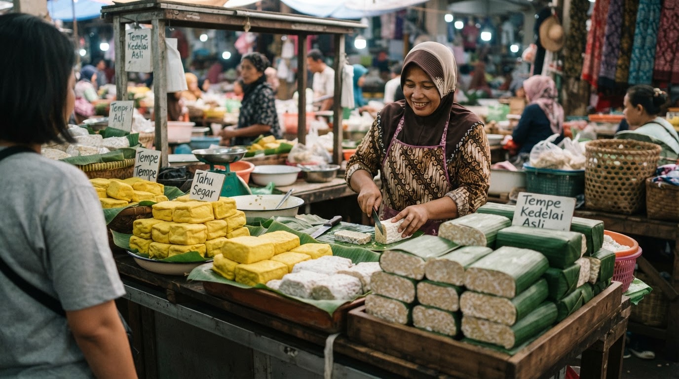 Stan pasar Indonesia yang menjual tahu dan tempe segar