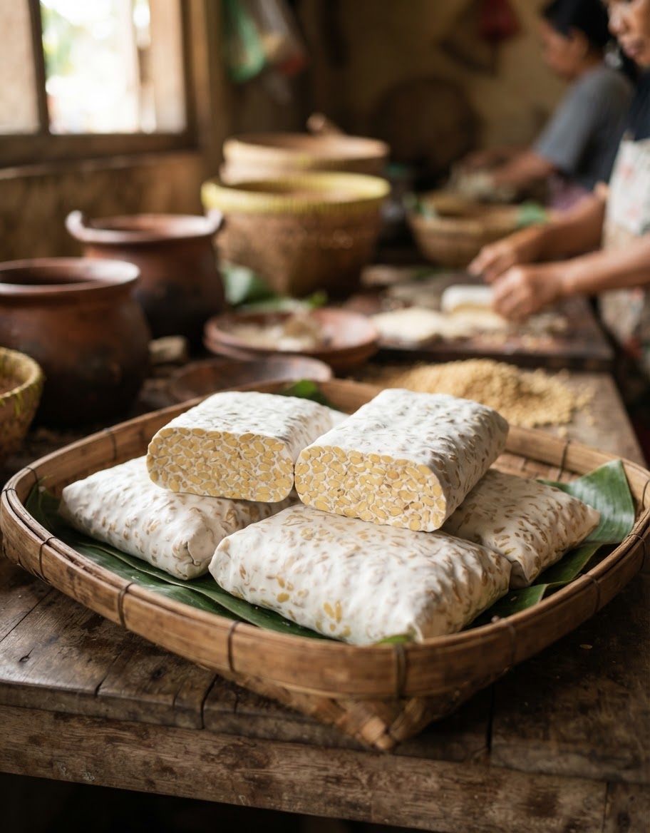 Blok tempe segar yang baru dibuat, sumber protein nabati tradisional Indonesia yang kaya nutrisi.