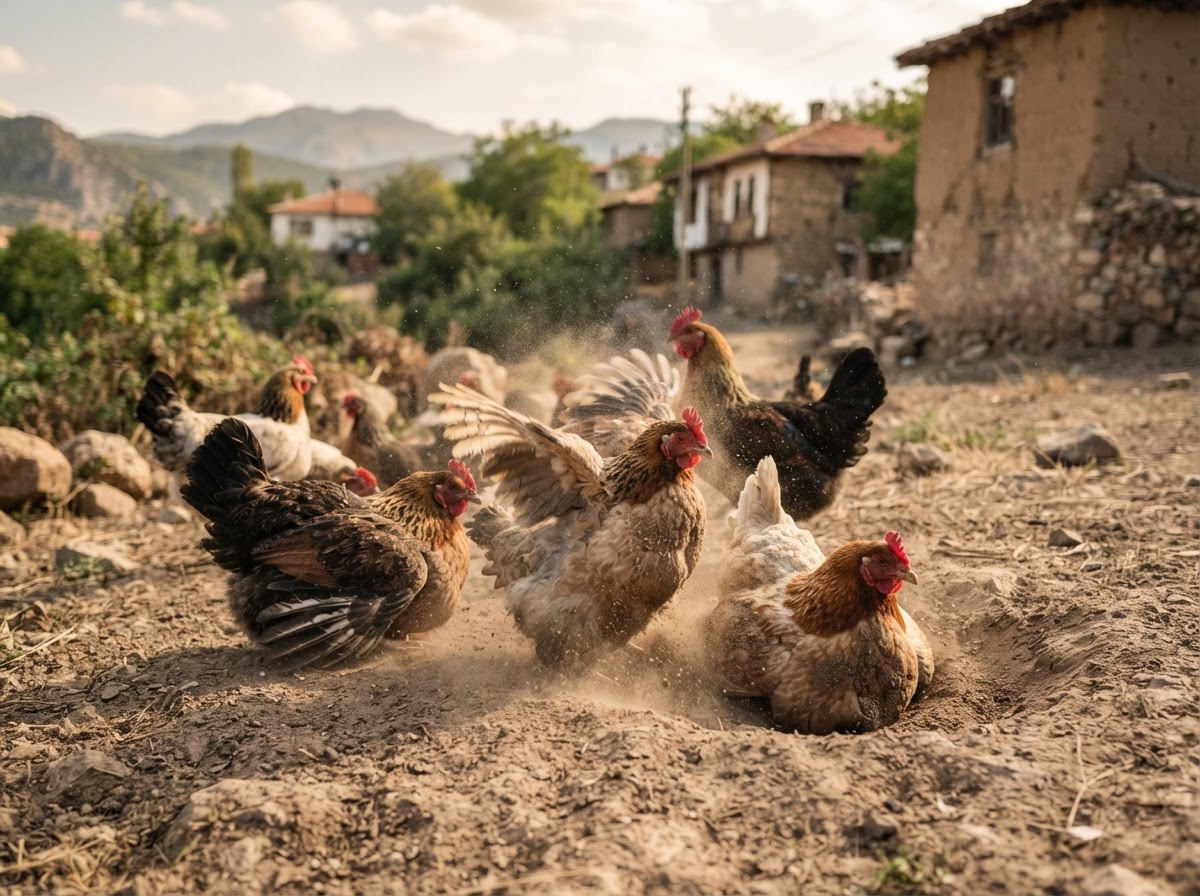 Anadolu'da bir köyde toz banyosu yapan özgür tavuklar.