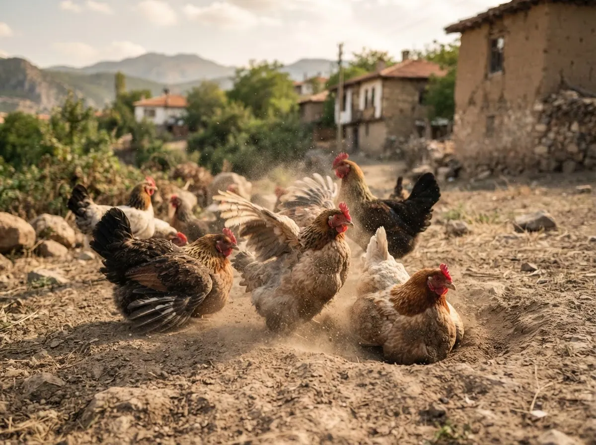 Anadolu'da bir köyde toz banyosu yapan özgür tavuklar.