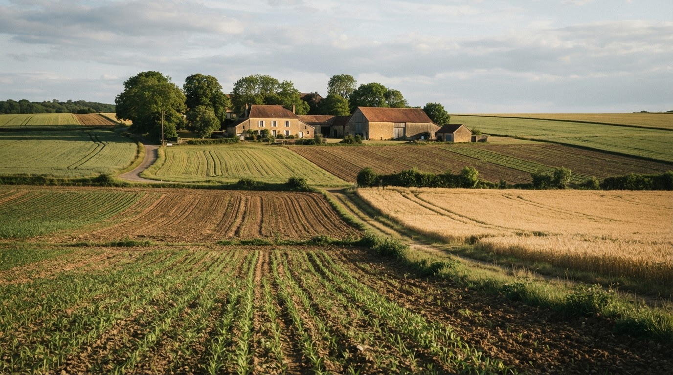 Paysage rural français avec des champs cultivés et une ferme au loin.