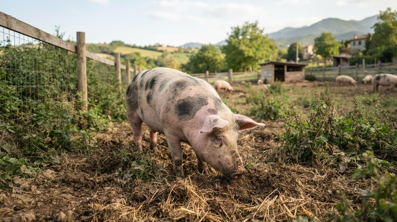 Un maiale libero in un recinto all'aperto in una fattoria italiana
