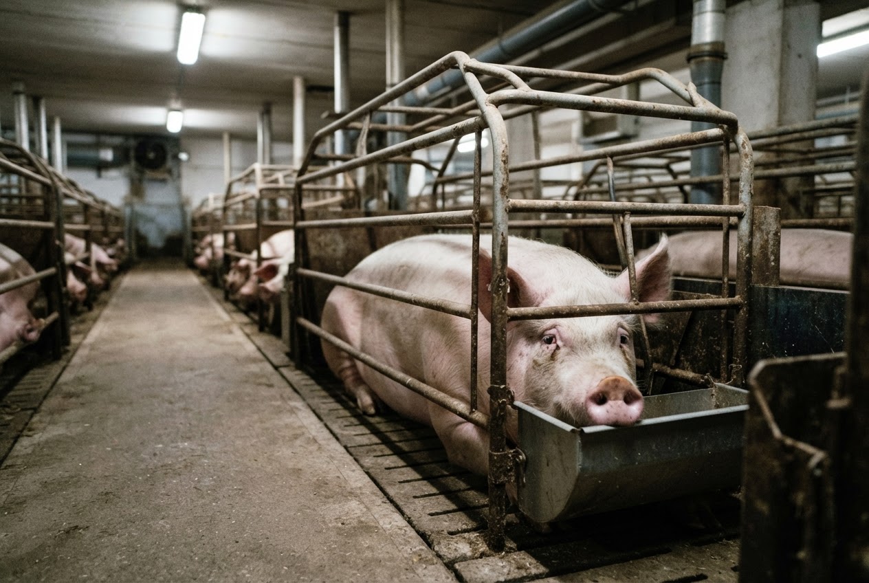 Una scrofa confinata in una gabbia di gestazione, una pratica comune negli allevamenti intensivi.