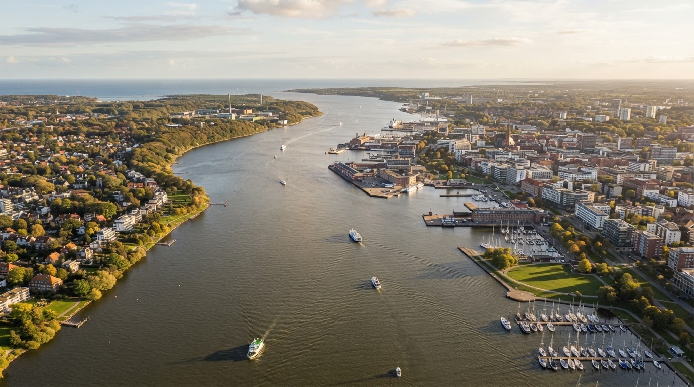 Luftaufnahme der Kieler Förde mit Stadt und Wasser