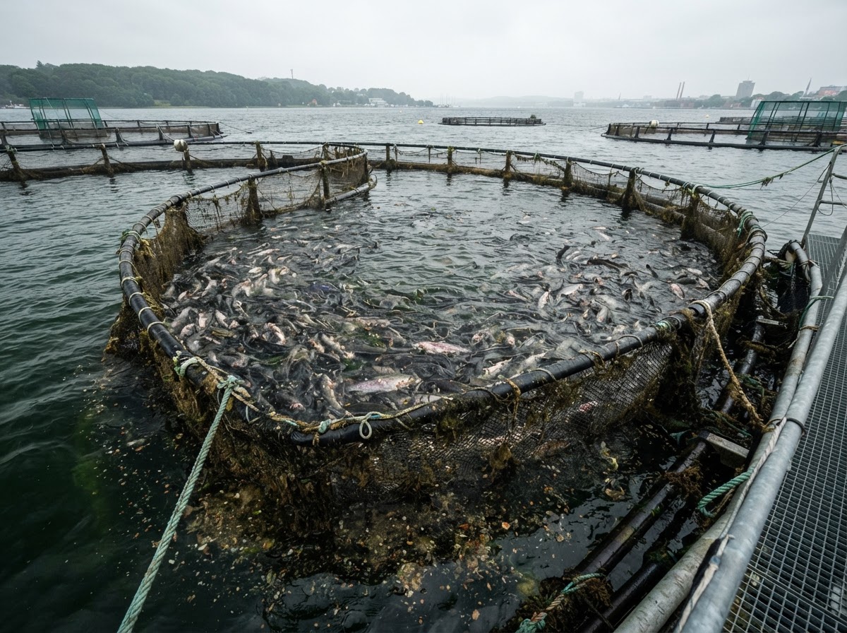 Netzkäfige in der Aquakultur können die lokale Wasserqualität beeinträchtigen und Krankheiten fördern.