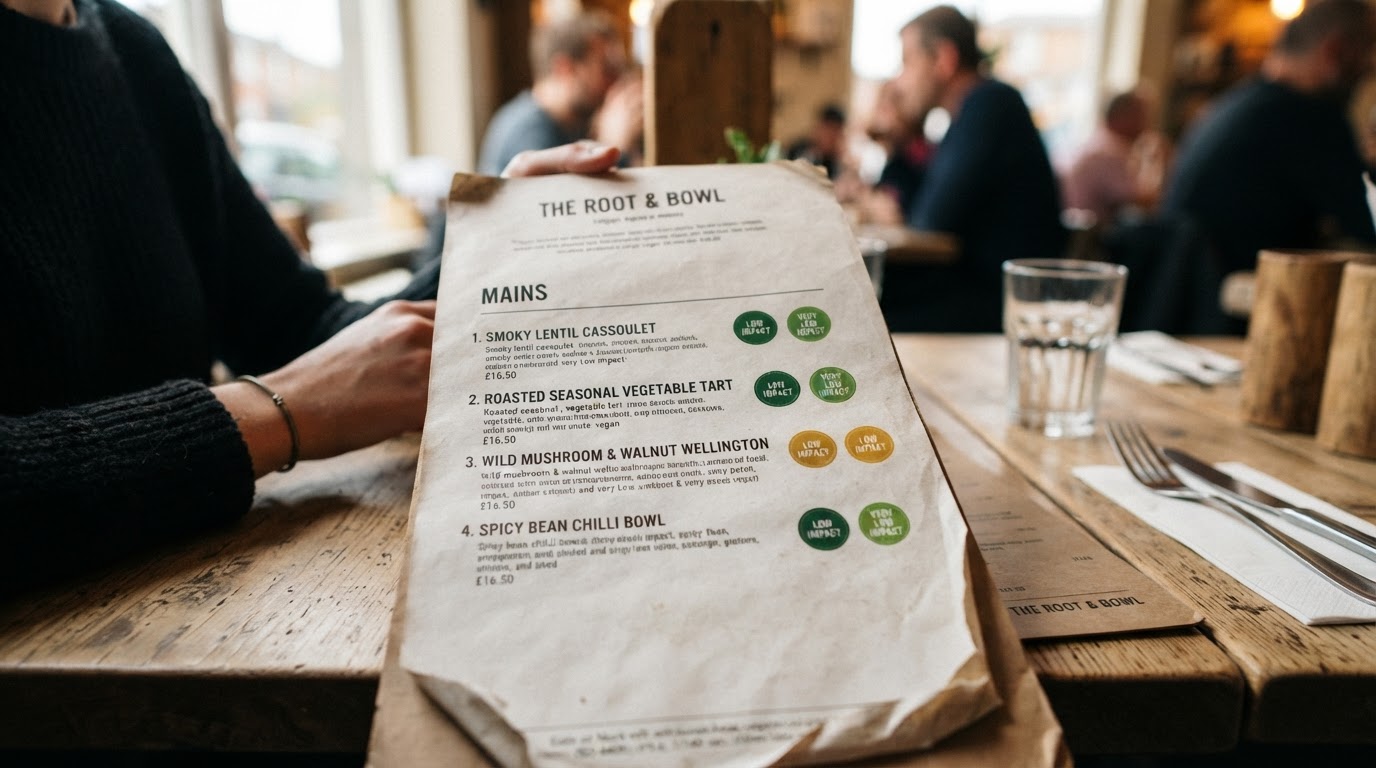 A close-up of a restaurant menu displaying dishes with small, coloured icons indicating their environmental impact.