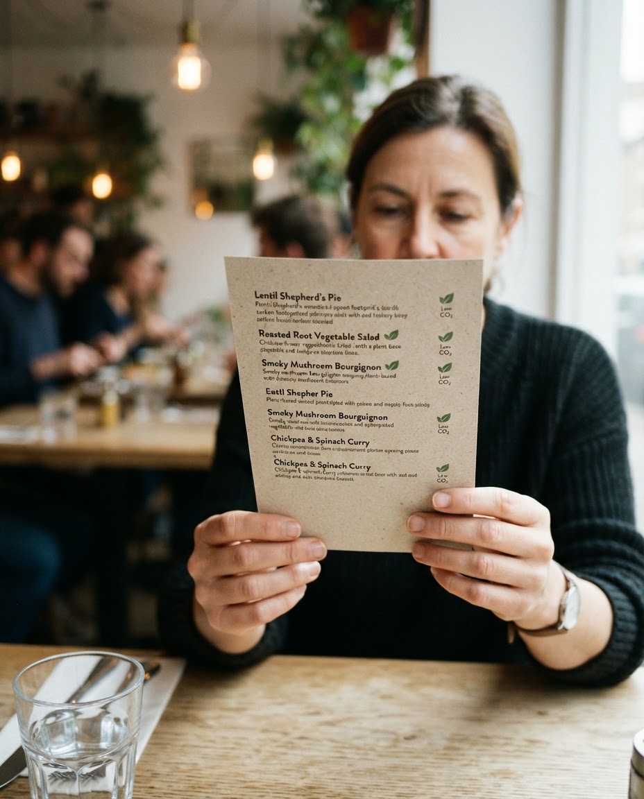 A menu featuring dishes labelled with their estimated carbon footprint, helping diners make informed, climate-conscious choices.