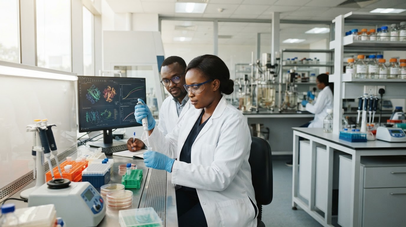 Wanasayansi wakifanya kazi katika maabara ya kisasa ya bioteknolojia.