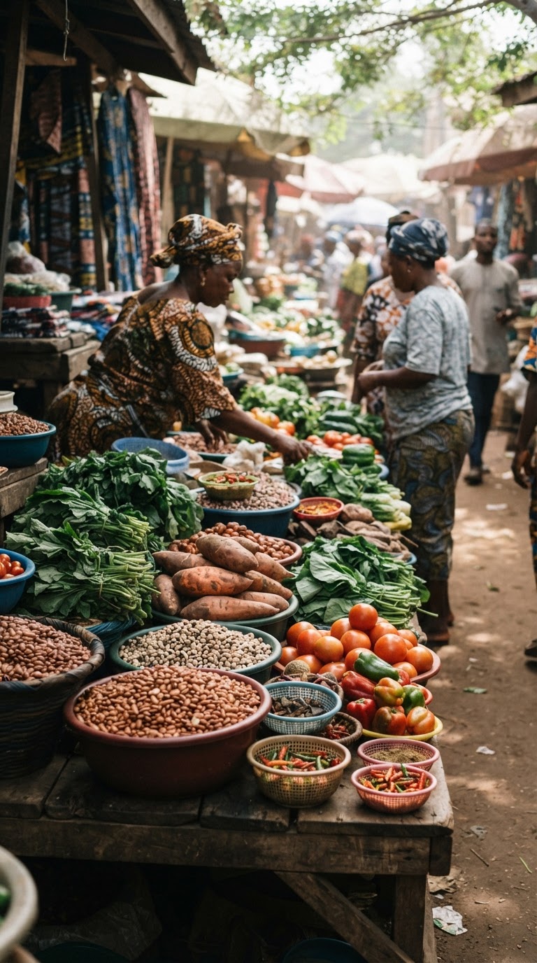 Ọjà Yorùbá pẹ̀lú àwọn ẹ̀wà àti ẹ̀wà tí wọ́n ṣe àwọ̀.