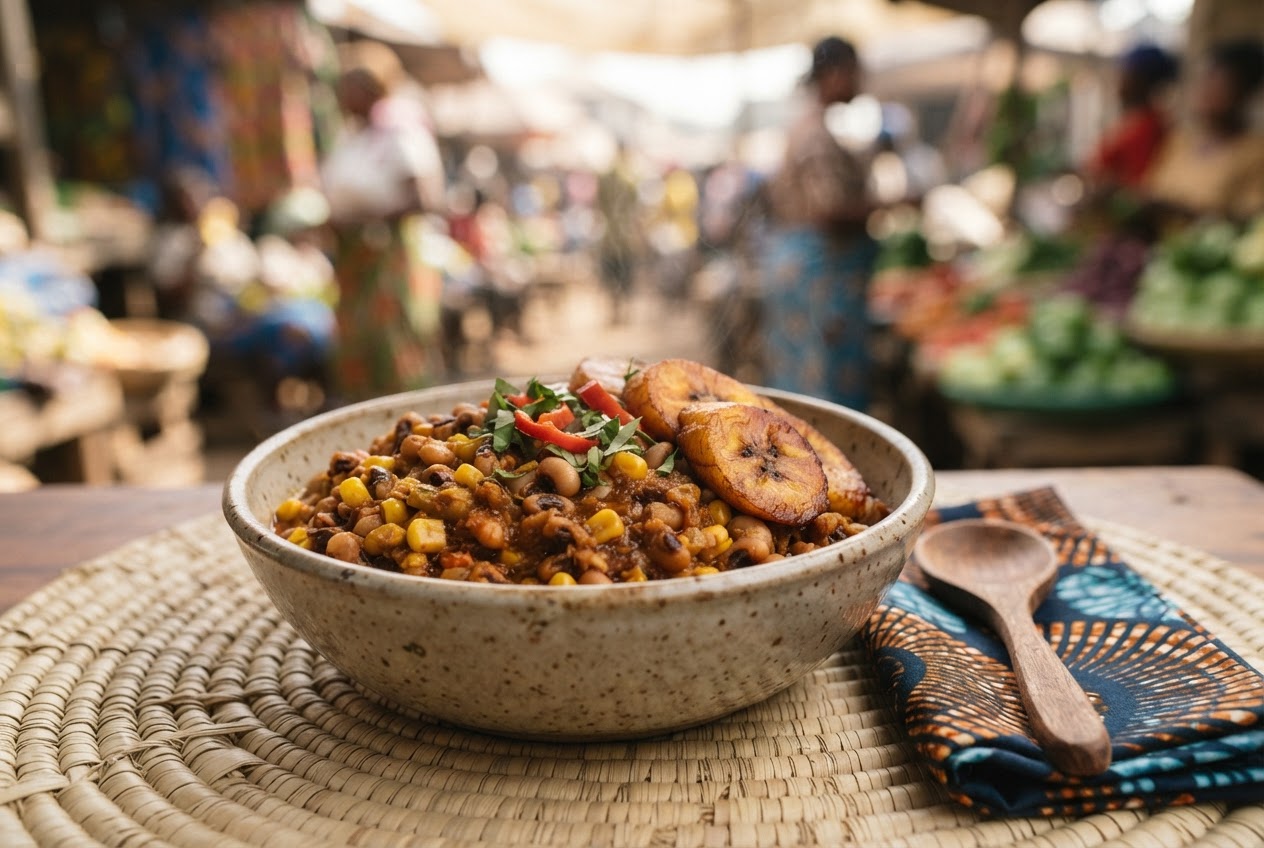 Ẹ̀wà bùrèèkì tí a sè pẹ̀lú àgbàdo, oúnjẹ àṣà Yorùbá.