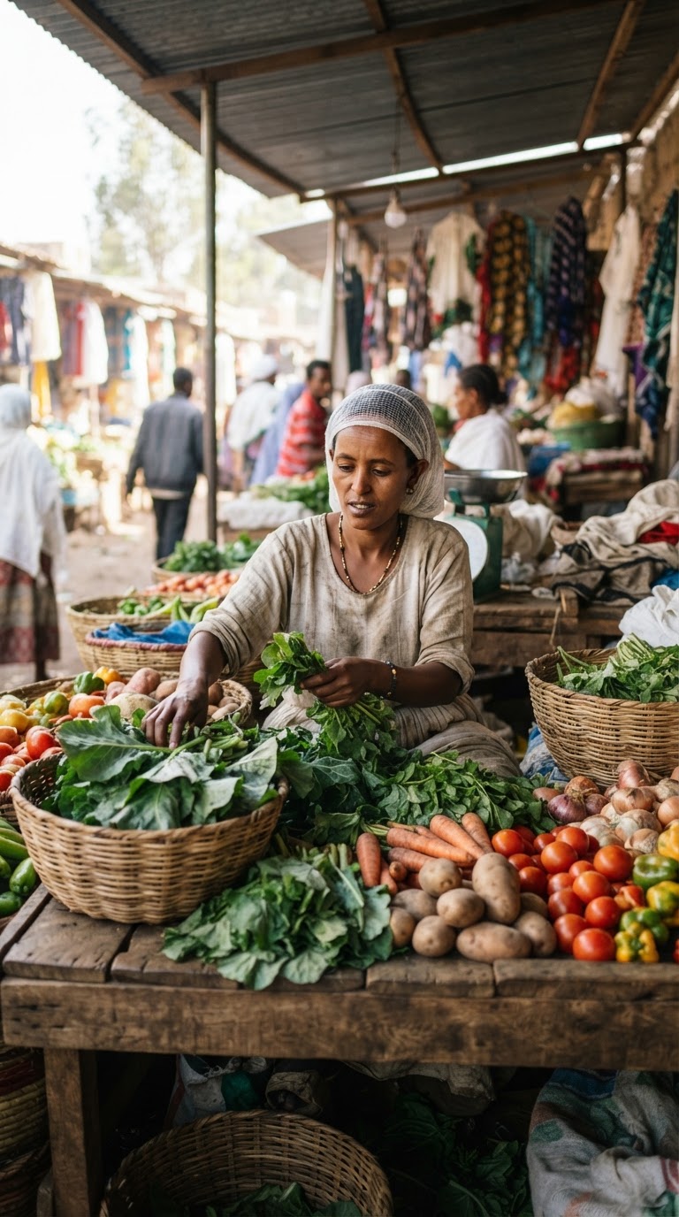 በገበያ ዳስ ውስጥ አትክልቶችን የምትለይ የኢትዮጵያ ሴት