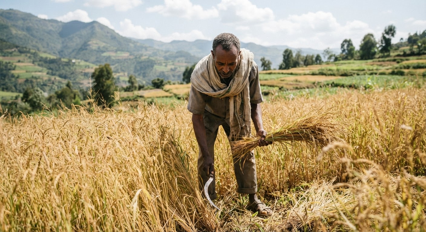 የተለያዩ የእህል ምርቶችን የሚያጭድ የኢትዮጵያ አርሶአደር።