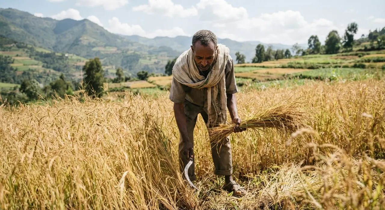 የተለያዩ የእህል ምርቶችን የሚያጭድ የኢትዮጵያ አርሶአደር።