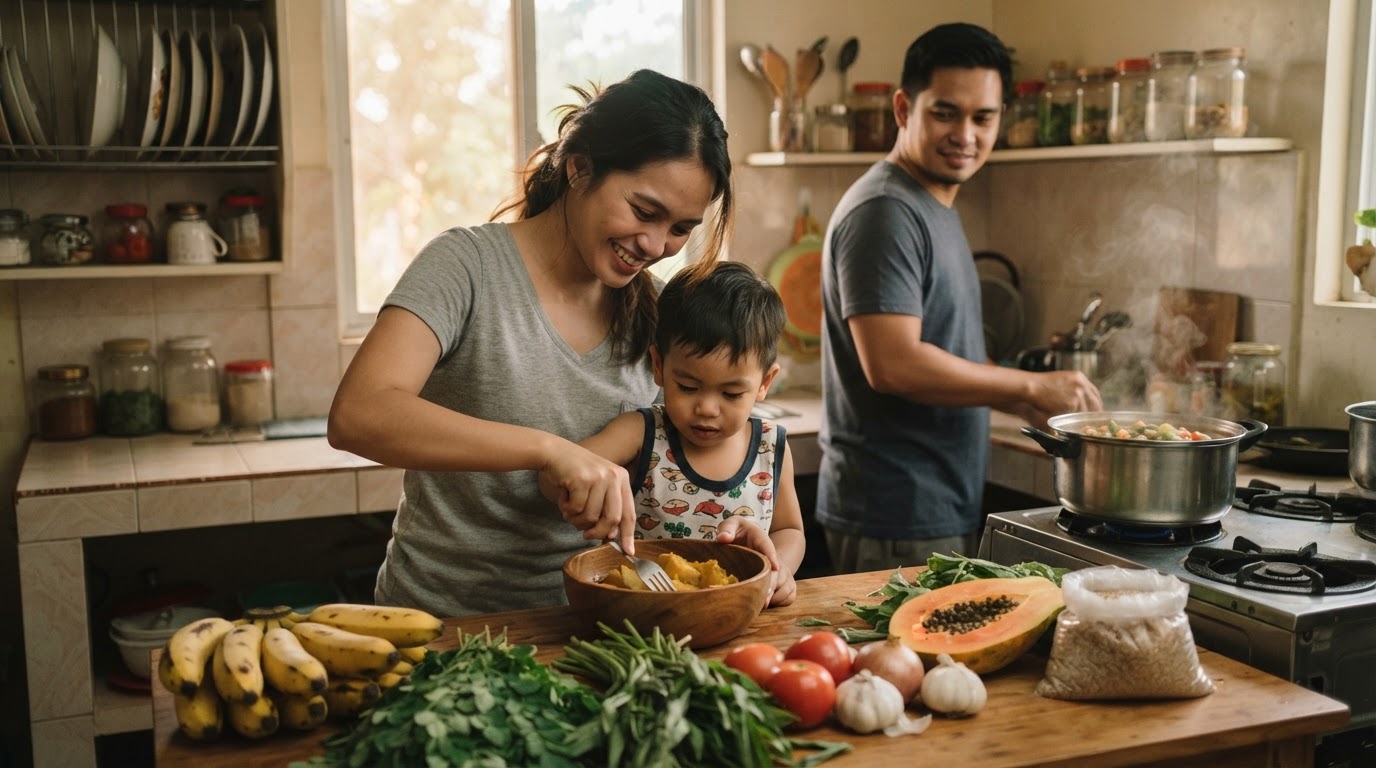 Isang pamilyang Pilipino na naghahanda ng pagkain sa kusina.