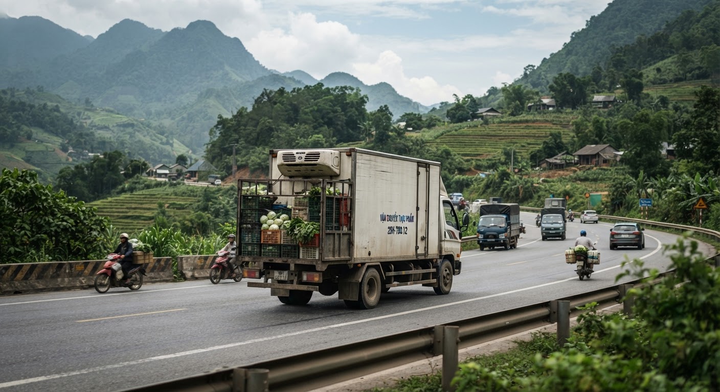 Xe tải chở thực phẩm trên đường cao tốc ở Việt Nam