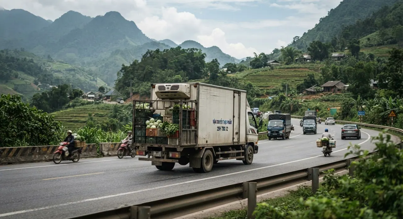 Xe tải chở thực phẩm trên đường cao tốc ở Việt Nam