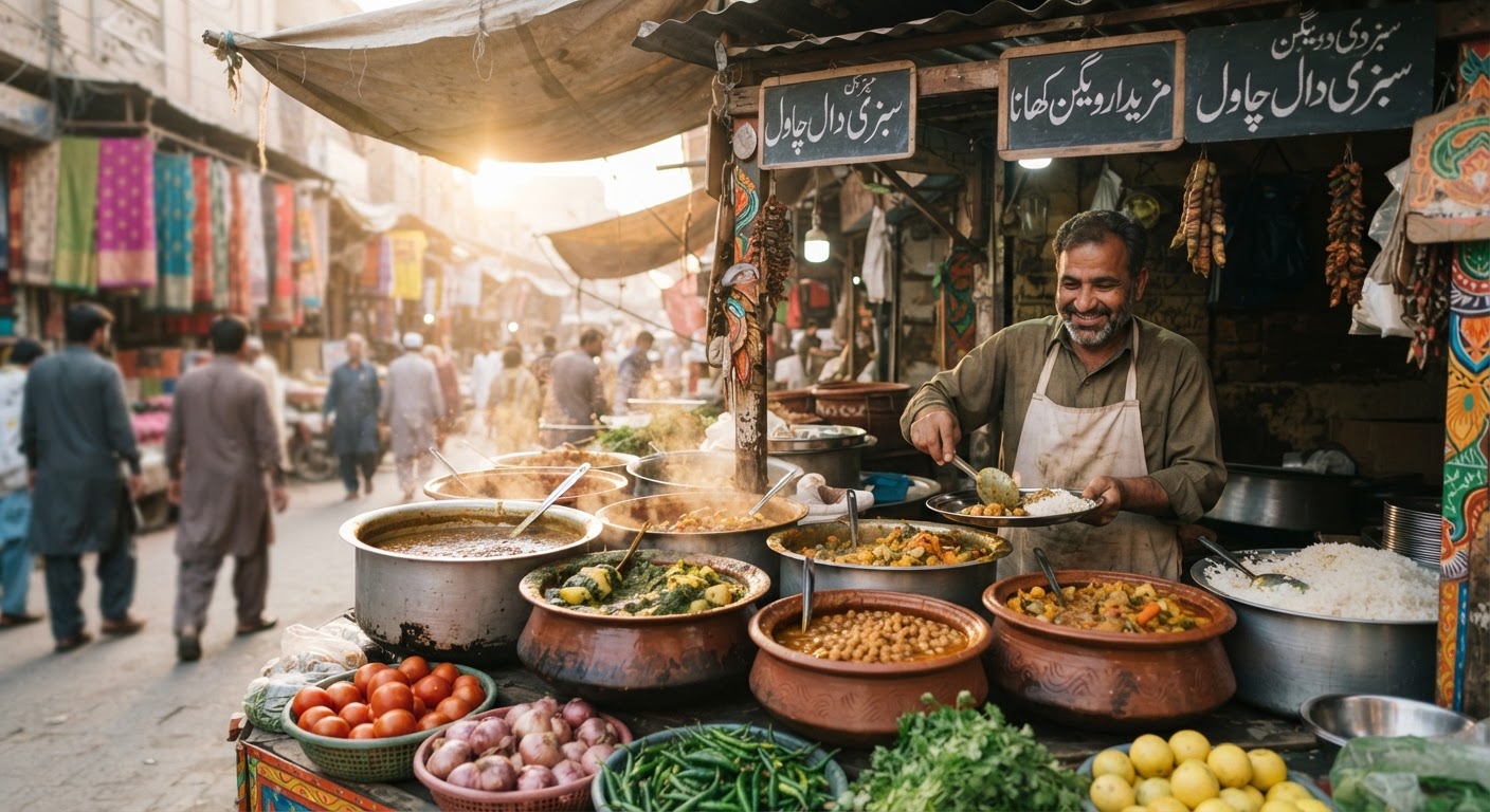 پاکستان میں روایتی کھانے کا اسٹال جہاں مختلف سبزیاں اور دالیں دستیاب ہیں