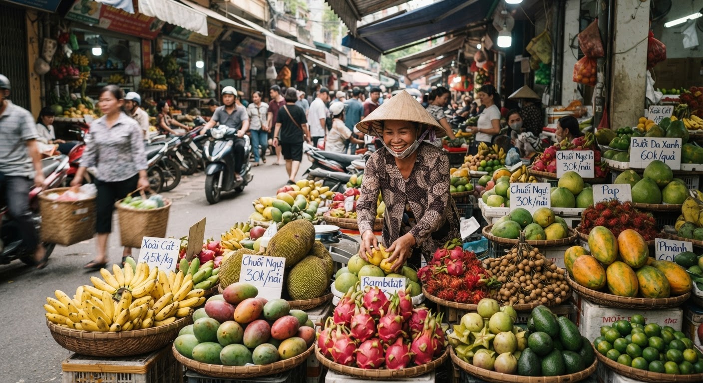 Chợ trái cây tại Việt Nam, nơi đa dạng sản phẩm được bày bán.