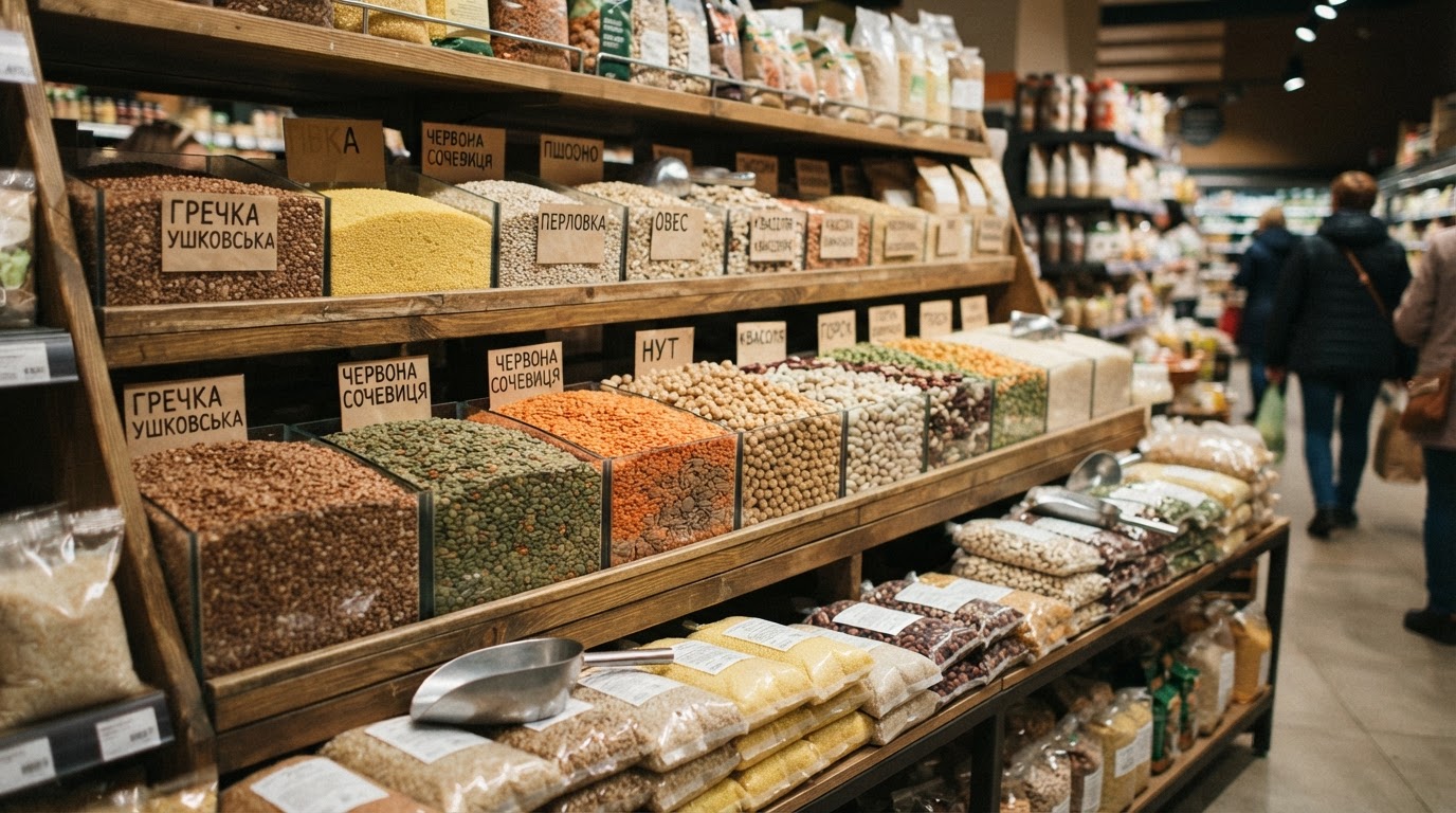Полиці українського продуктового магазину з різноманітними крупами та бобовими