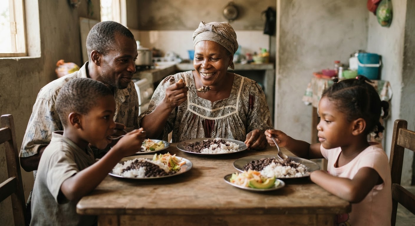 Yon fanmi ayisyen ap manje diri ak pwa, yon repa nourisan ak abòdab.