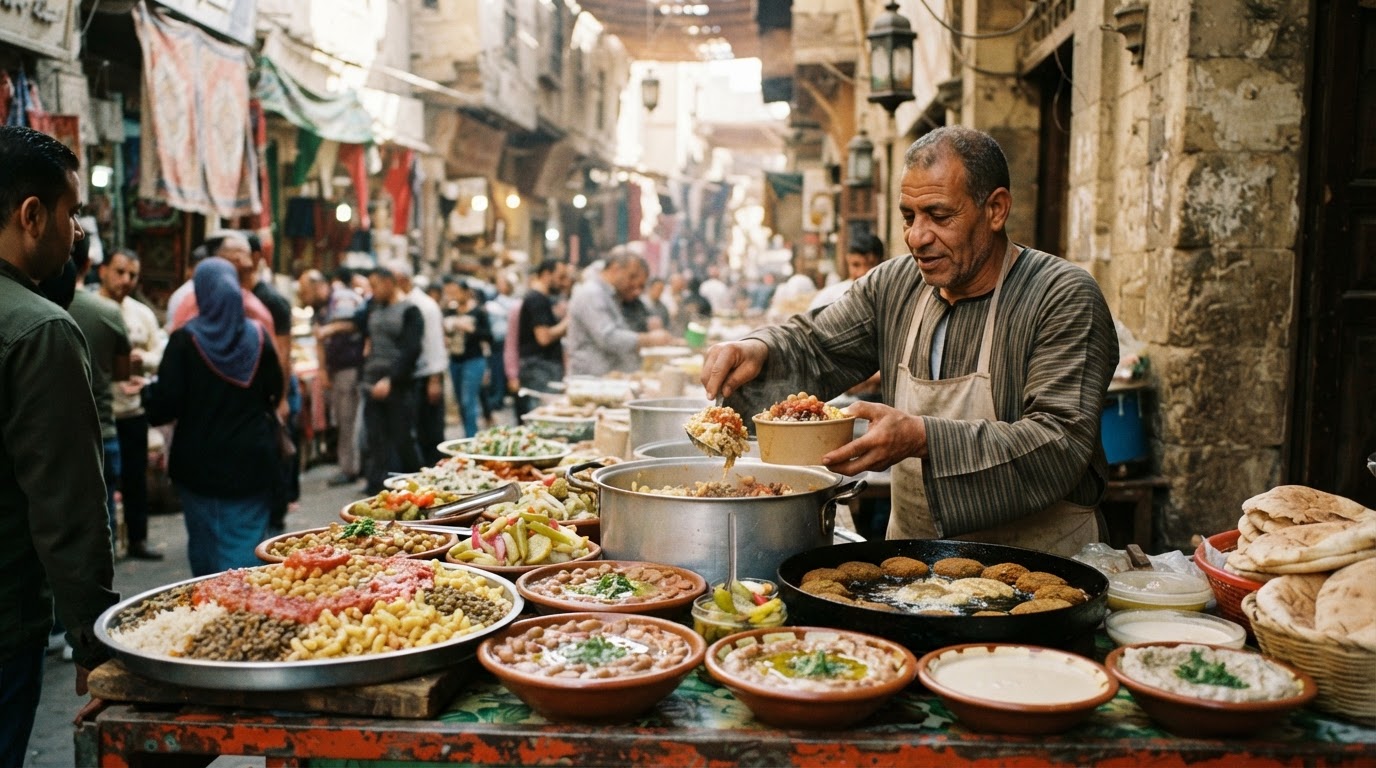 بائع متجول في سوق مصري يعرض أطعمة نباتية شهية